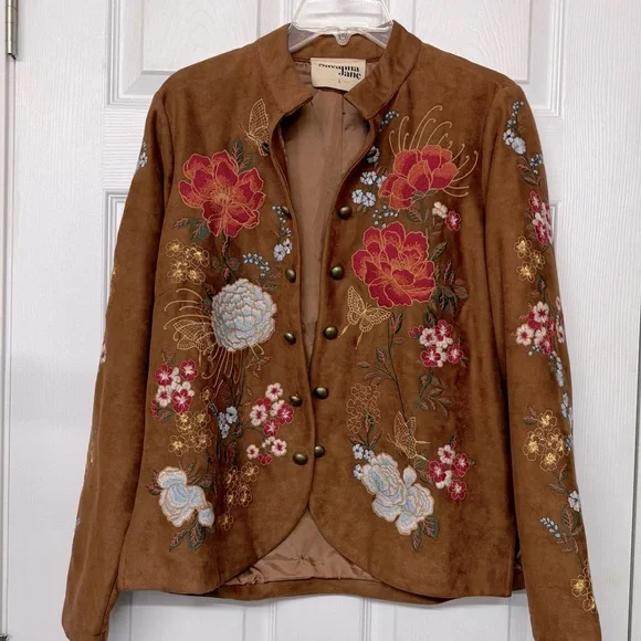 Savanna Jane Heavily Embroidered Open Front Brown Jacket Sz L - Picture 1 of 4